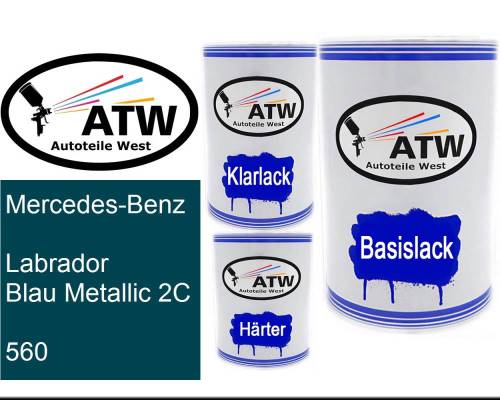 Mercedes-Benz, Labrador Blau Metallic 2C, 560: 500ml Lackdose + 500ml Klarlack + 250ml Härter - Set, von ATW Autoteile West.